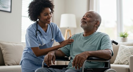 An attentive nurse comforts a senior man in a wheelchair setting