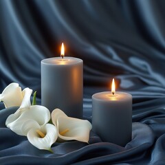 Elegant Still Life with Gray Candles and White Calla Lilies on Luxurious Blue Silk Fabric Backdrop