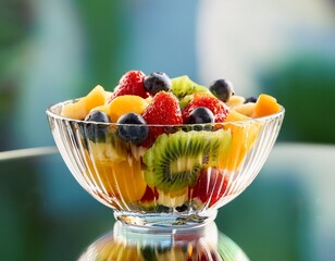 Fruit salad on a mirror glass table on a blurred background
