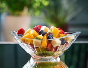 Fruit salad on a mirror glass table on a blurred background