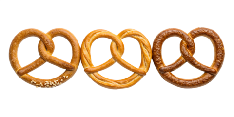 Three Different Style Olympic-Style Pretzels on White - Baked Pretzels, Olympic Snack, Soft Treats, Cut Out