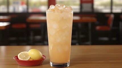 Iced peach tea in tall glass with lemon.