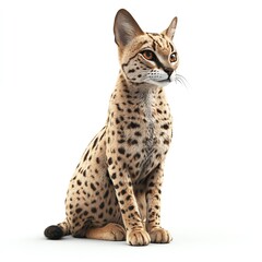 Naklejka premium Majestic Savannah Cat, a striking 3D render showcasing its spotted coat and alert gaze against a pure white backdrop