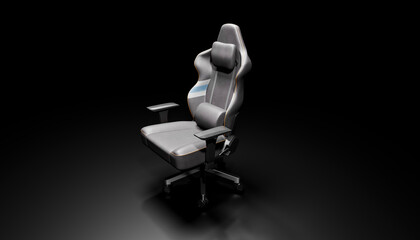 3D render of a modern gaming chair with a dark background