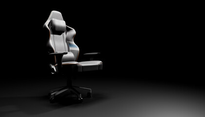 3D render of a modern gaming chair with a dark background