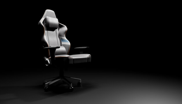 3D render of a modern gaming chair with a dark background