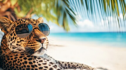 Obraz premium Cool Leopard Wearing Sunglasses Relaxing on a Tropical Beach Under Palm Trees