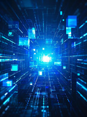 Obraz premium Blue tech finance background with abstract pixel elements and a digital network theme. Perfect for business, technology, and science related designs.