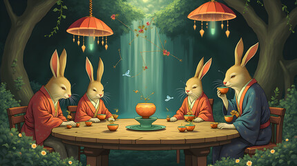 A group of meditative rabbits dressed as monks gather in a cozy underground burrow for a peaceful tea ceremony. A whimsical fantasy scene with warm lighting, mushrooms, and a serene atmosphere.