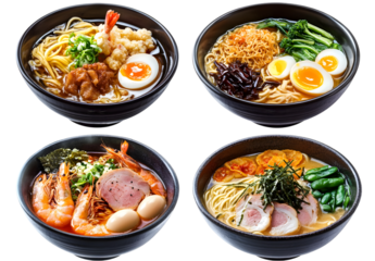 Four bowls of ramen soup with different toppings on transparent background.