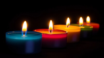Multiple colorful candles with flames illuminating a dark background create a serene atmosphere during a special occasion