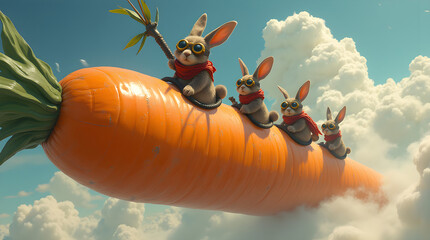 Four adventurous rabbits wearing goggles ride a flying carrot airship through fluffy clouds. A whimsical fantasy scene with cute animals, steampunk details, and a playful, imaginative atmosphere.