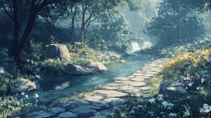 Tranquil waterscape through an enchanting forest with a stone pathway