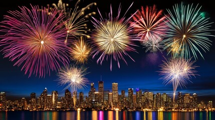 Obraz premium Colorful fireworks exploding over toronto skyline celebrating canada day