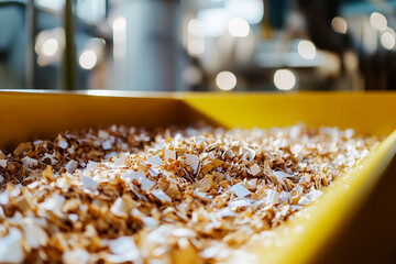 Close-up of shredded paper pieces in yellow container, showing texture and color variations, representing recycling, waste management, or data destruction