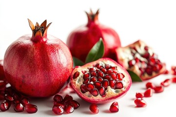 Vibrant pomegranate still life on white backdrop showcasing fresh fruit seeds and healthy lifestyle in bright studio light for culinary inspiration