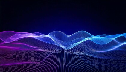Abstract digital landscape.  Glowing neon waves flow across a dark background, creating a futuristic, ethereal scene.