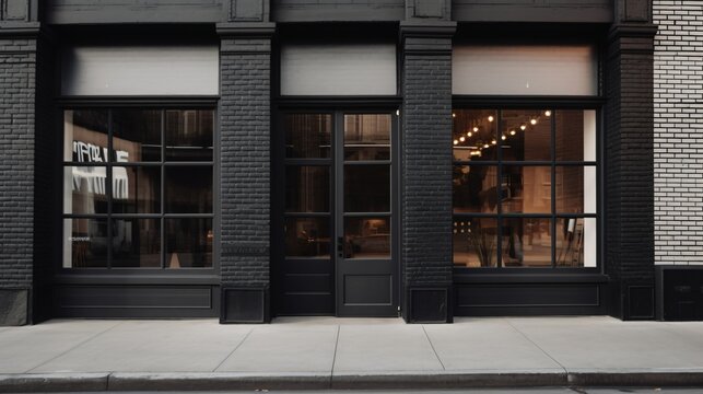 Modern Black Brick Retail Storefront with Large Windows and Interior Lighting