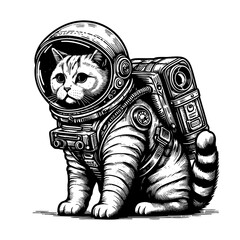 cat wearing an astronaut helmet, set against a cosmic background with planets and stars engraving generative ai sketch PNG illustration