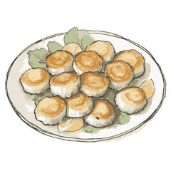 Illustration of loose hand-drawn baked shumai. Watercolor. Color. Vector.