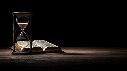 Hourglass and open book on wooden surface