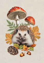 Forestcore illustration of hedgehog and fly agaric. Perfect for posters, home textile, wall decor, apparel, packaging design, stationery and other printed goods