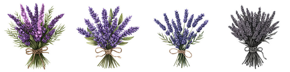 Naklejka premium Colorful bunches of fragrant lavender flowers in varying shades of purple tied with natural ribbons or string