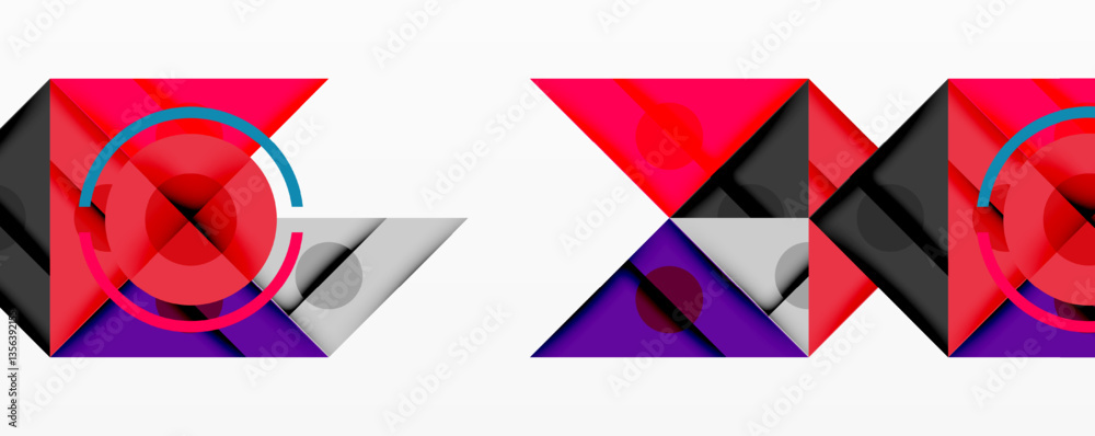 Poster Abstract geometric composition with intersecting triangles, circles, and gradients, creating a dynamic layered pattern with depth and contrast