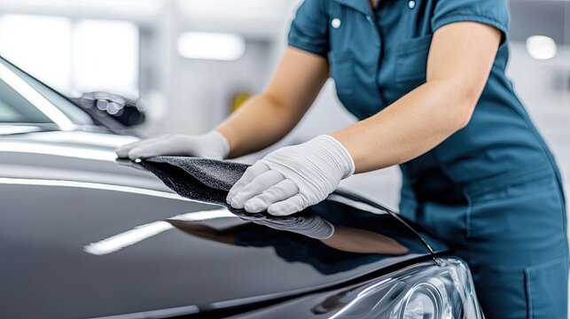 A female auto mechanic is repairing a car, there is space for an inscription on the hood 