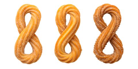Three Different Style Crispy Churros Coated in Sugar on White - Sweet Pastry, Fried Churros, Sugar-Coated Dessert, Cut Out
