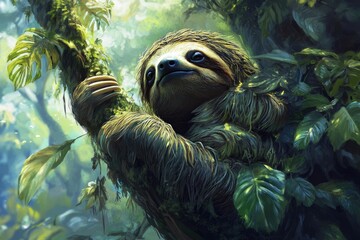 Obraz premium Sloth in Costa Rica Rainforest: Climbing High in Treetops of Lush Green Jungle