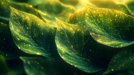 Mystical Greenery: Lush, Glowing Leaves with Sparkling Highlights in a Deep Forest or Underwater Setting
