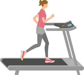 ジムのランニングマシンで走る笑顔の若い女性