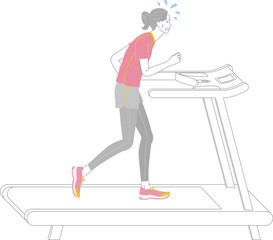 ジムのランニングマシンで走るのがつらく汗をかく若い女性