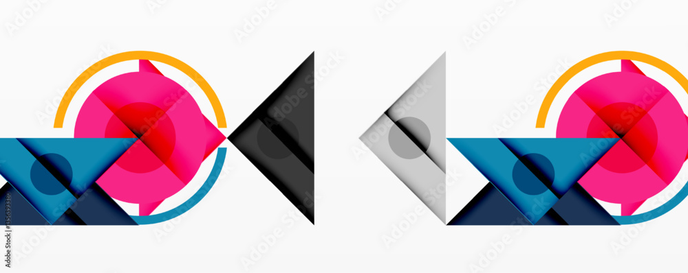 Wall mural geometric abstract design with layered triangles, circles, and gradients, forming a structured patte