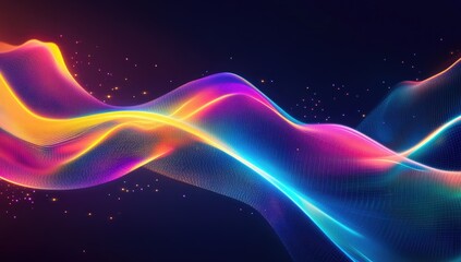 Fototapeta premium Abstract vibrant digital wave design. Dynamic flowing lines of colorful particles in motion against a dark background. Speckles of light punctuate the design