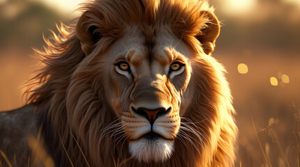 Fototapeta premium A close-up portrait of a majestic lion in a sunlit savanna