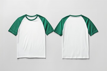 A white and green short-sleeve raglan t-shirt is displayed from the front and back and a flat lay concept is used as a mockup design template	