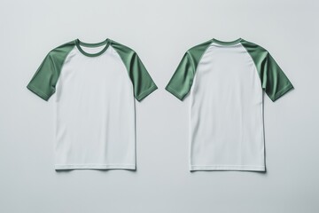 A white and green short-sleeve raglan t-shirt is displayed from the front and back and a flat lay concept is used as a mockup design template	