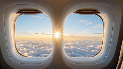 Breathtaking airplane window view of golden sunrise over fluffy clouds, evoking tranquility