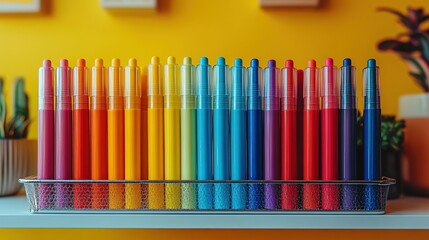 A close-up of whiteboard markers on the shelf, with a white background and a yellow wall. The focus is on the color and design details of each marker