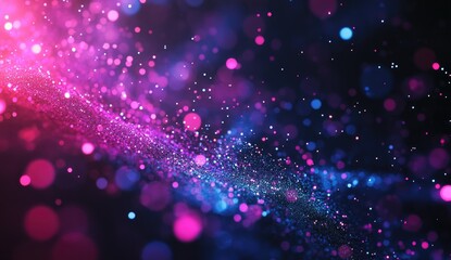 Obraz premium Abstract digital particles swirling in vibrant colors. A dynamic display of multicolored, glowing, abstract particles moving across a dark background. 