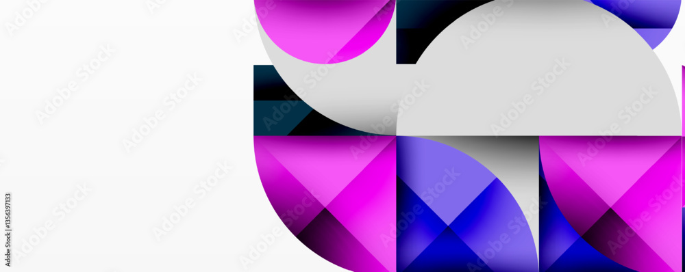 Poster Abstract geometric design with intersecting circles, triangles, squares and sharp angles creating a layered composition with gradients, depth, and contrast