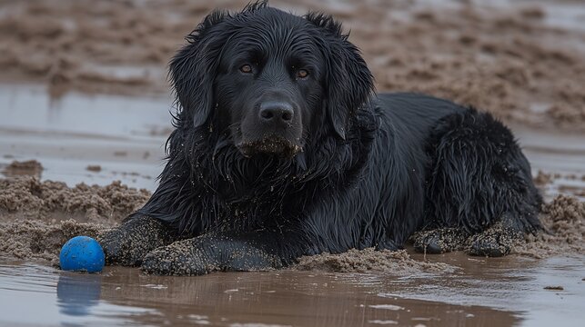 A black dog rests on a sandy beach near the water - Powered by Adobe