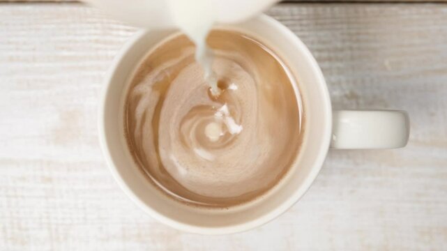 top view milk streampour into cappuccino in a white cup standing on the table. Dilute hot coffee with milk. An invigorating drink in the morning for a good mood. Food and drinks
