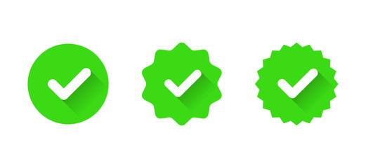 Green checkmark badge icon set with long shadow. Rosette tick sign symbol