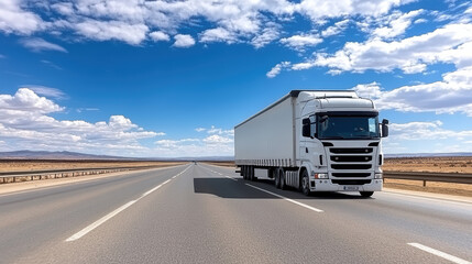 Obraz premium long distance truck driving on open highway under bright blue sky with fluffy clouds