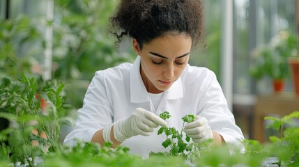 Female botanist in greenhouse examining plants 