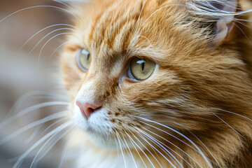A close-up portrait of a fluffy orange cat with striking eyes and whiskers.
