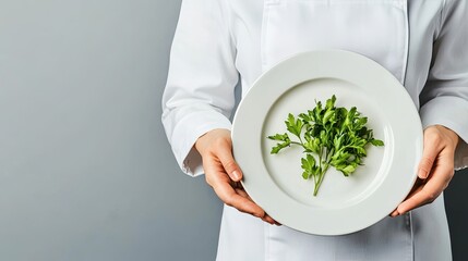 Female chef holding a plate with no decoration 